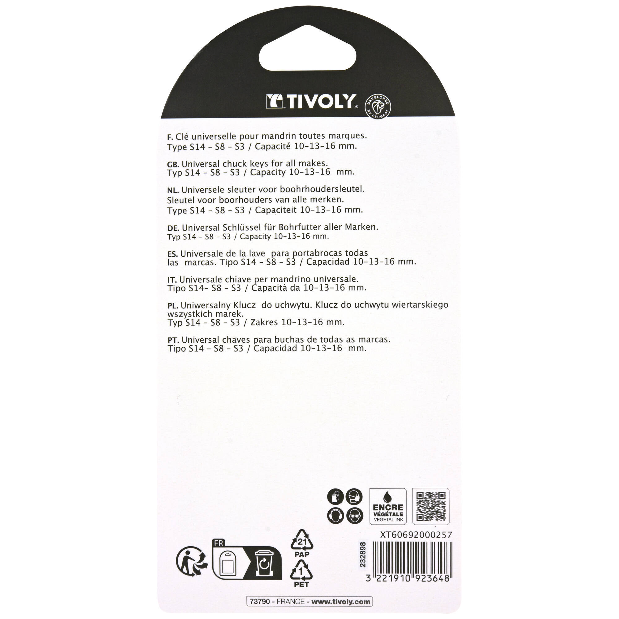 Llave de portabrocas universal Ø 10- 13- 16 mm