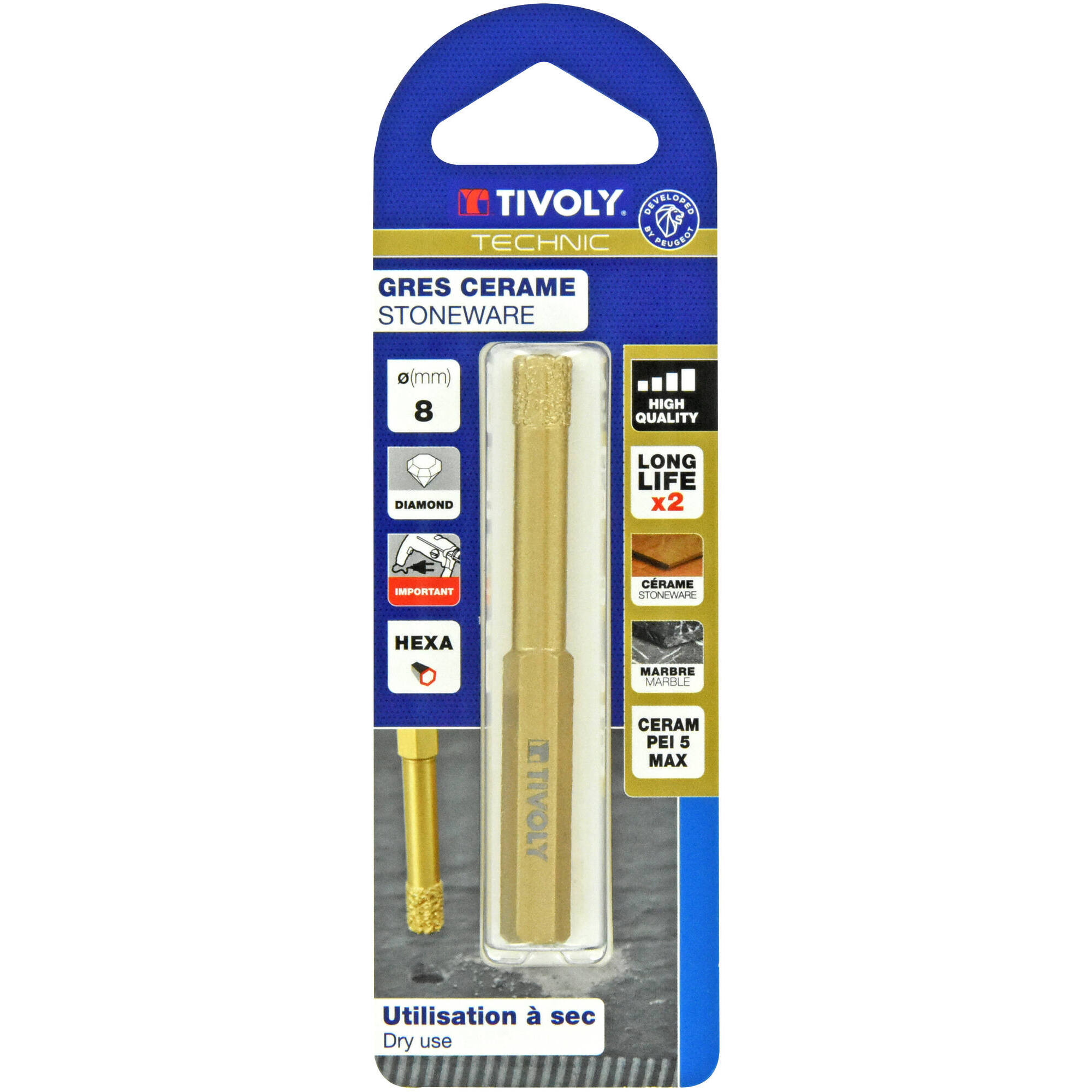 Ø: 8 / Broca diamantada taladrado en seco -Mango hexagonal (Blíster) / L: 80