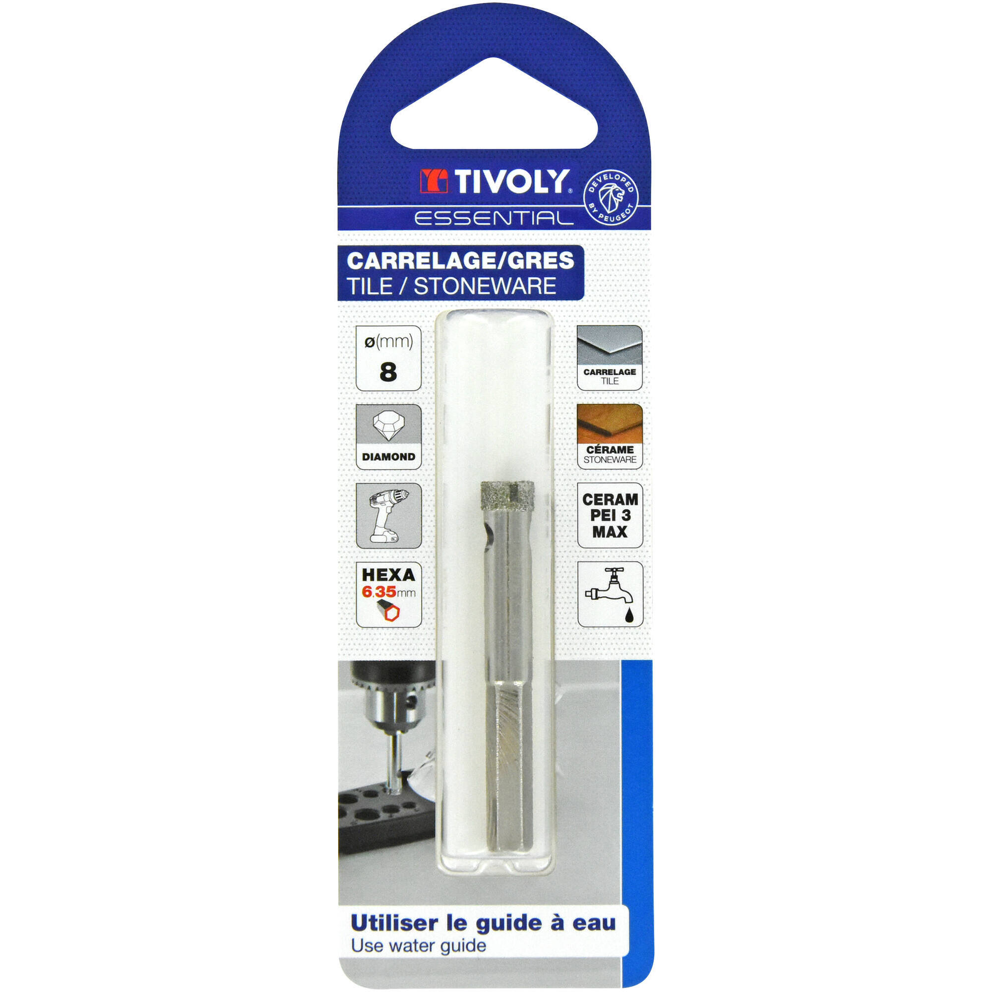 Ø: 8 / Broca diamantada taladrado con refrigeración -Mango hexagonal (Blíster) / L: 55