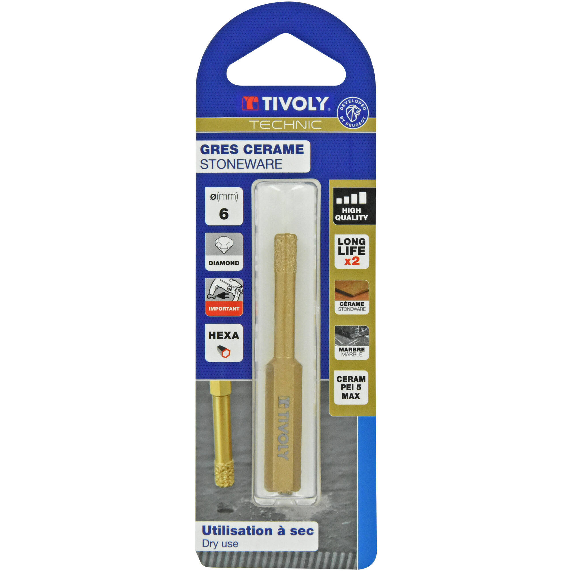 Ø: 6 / Broca diamantada taladrado en seco -Mango hexagonal (Blíster) / L: 65