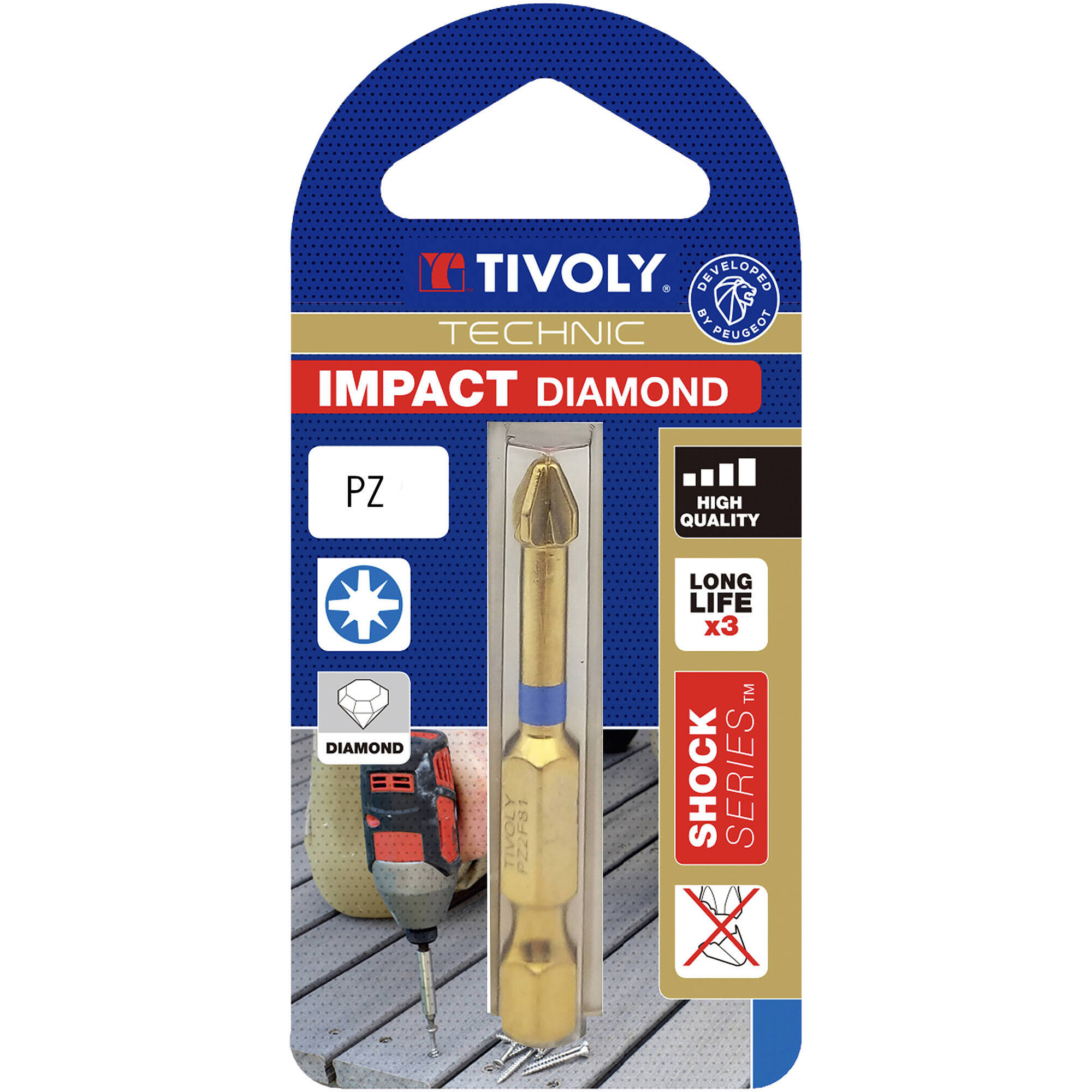 Punta de atornillar -Torsión diamante IMPACTO -Para tornillo Pozidriv (Blíster) N°: N2 / L: 50