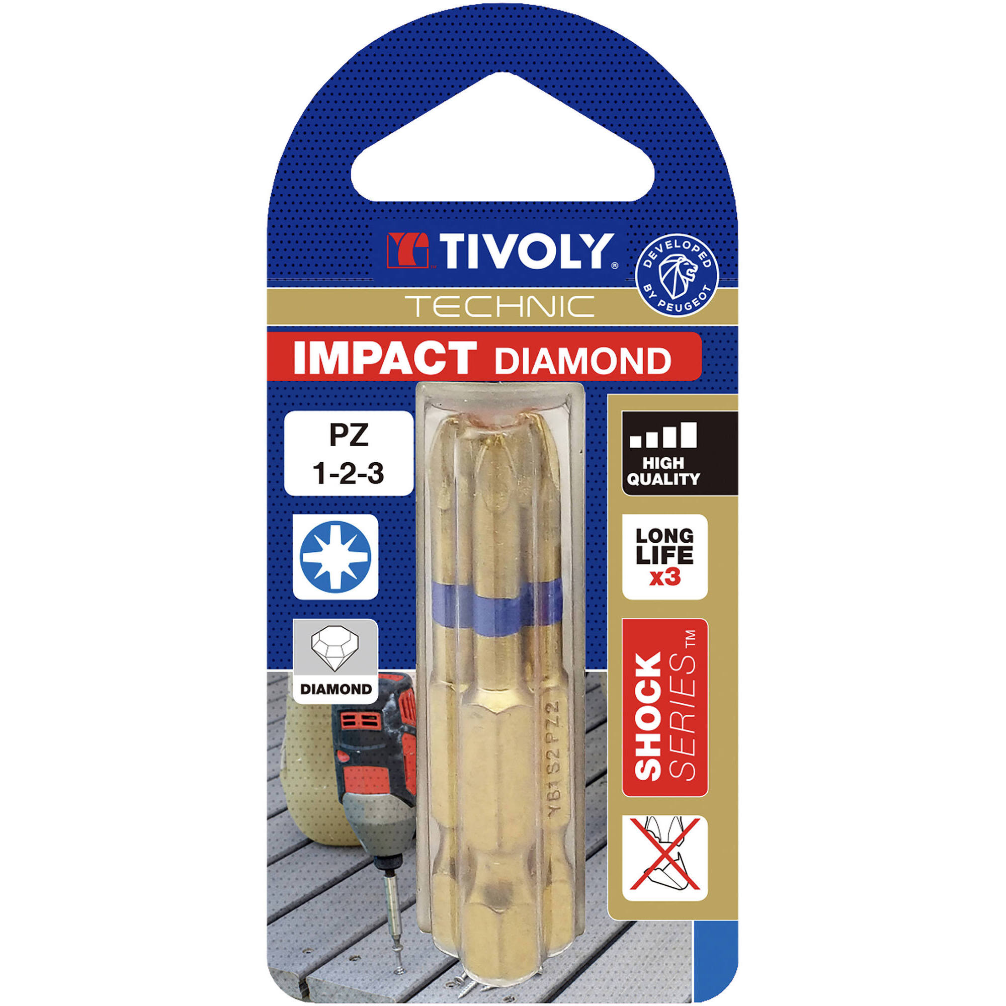 Punta de atornillar -Torsión diamante IMPACTO -Para tornillo Pozidriv (Blíster) N°: N1-2-3 / L: 50