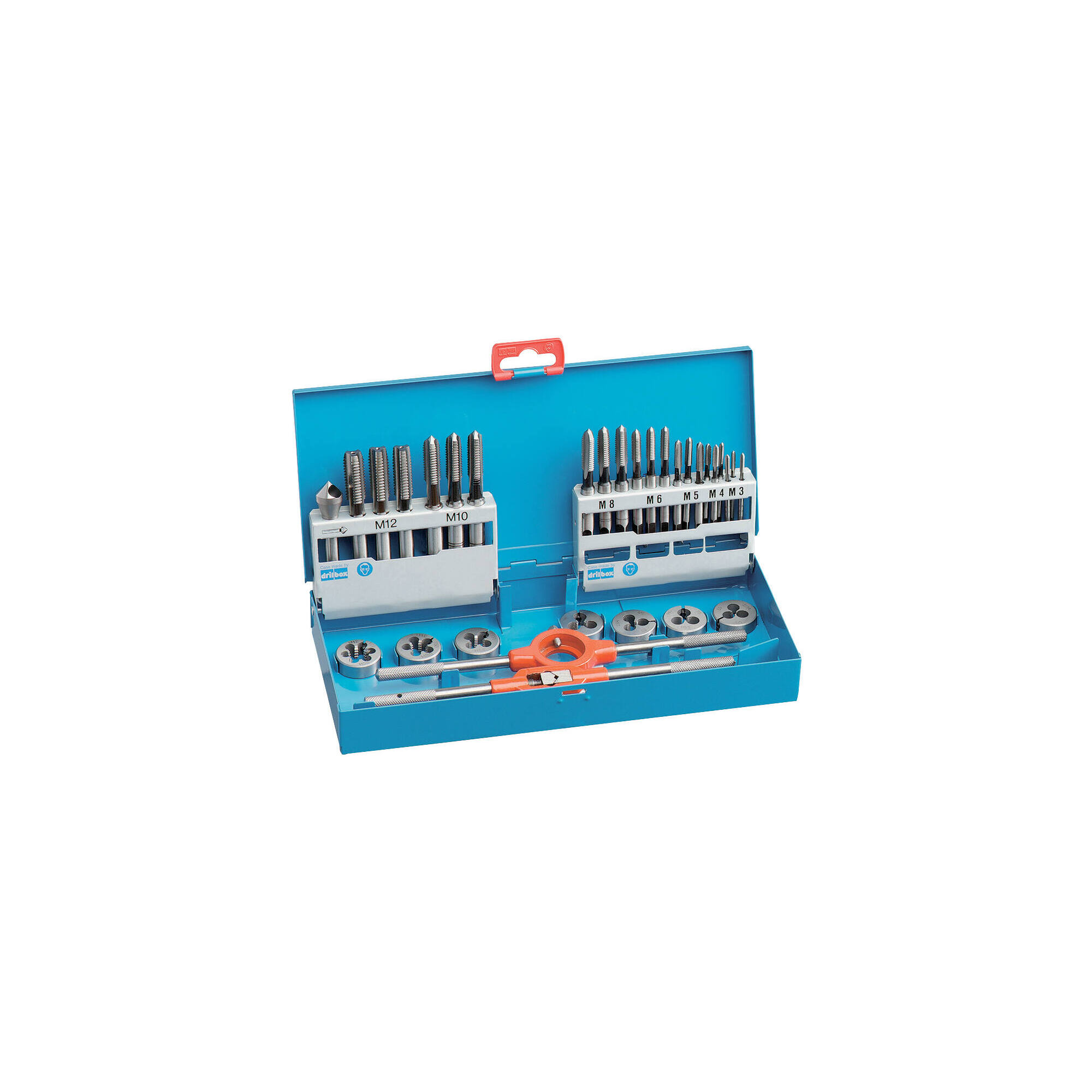 11900870001 - 31 piezas - 7 juegos de 3 machos de roscar HSS DIN352 + 7 cojinetes HSS 25,4 M3 a M12 + 1 portamachos N.° 1,5 + 1 portacojinetes 25,4 + 1 fresa para desbarbar HSS TECHNIC