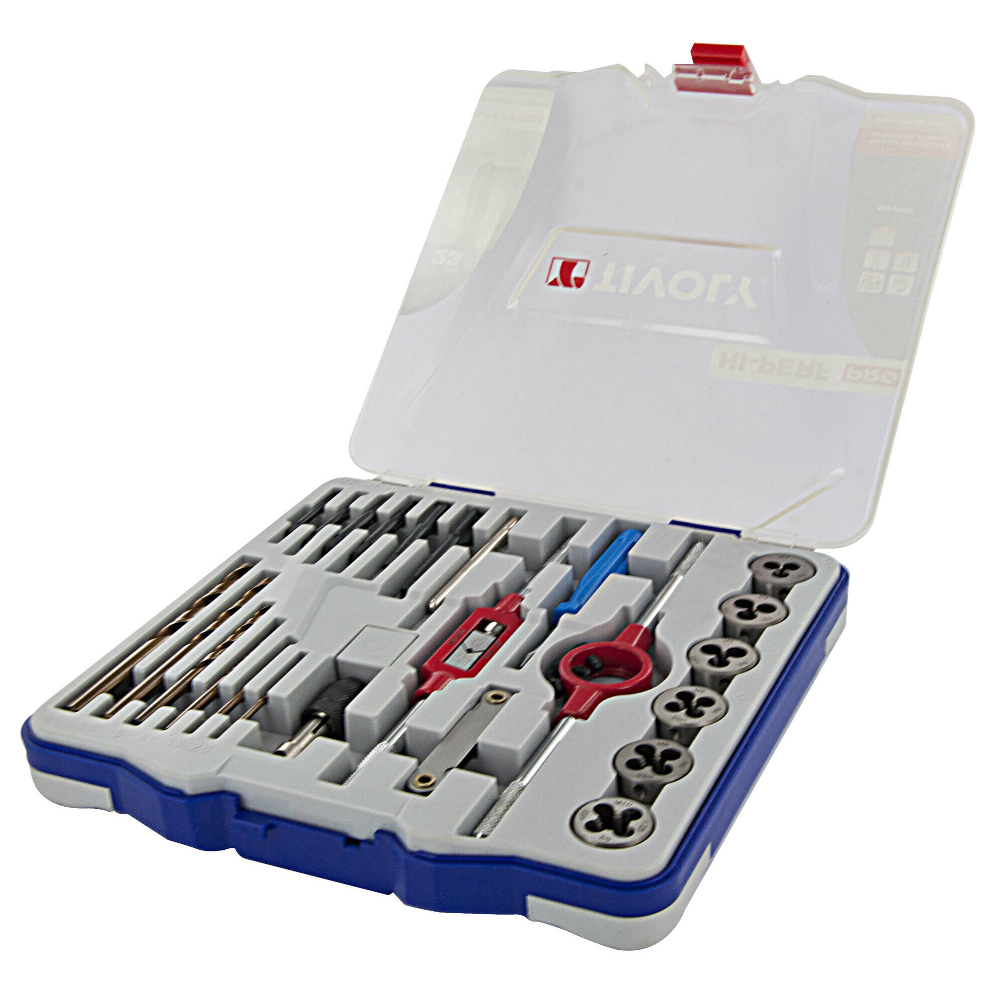 23 piezas -6 machos de roscar HSS + 6 cojinetes HSS M3 a M10 + 2 portamachos + 1 portacojinetes 25,4 + 6 brocas HSSE5 + accesorios