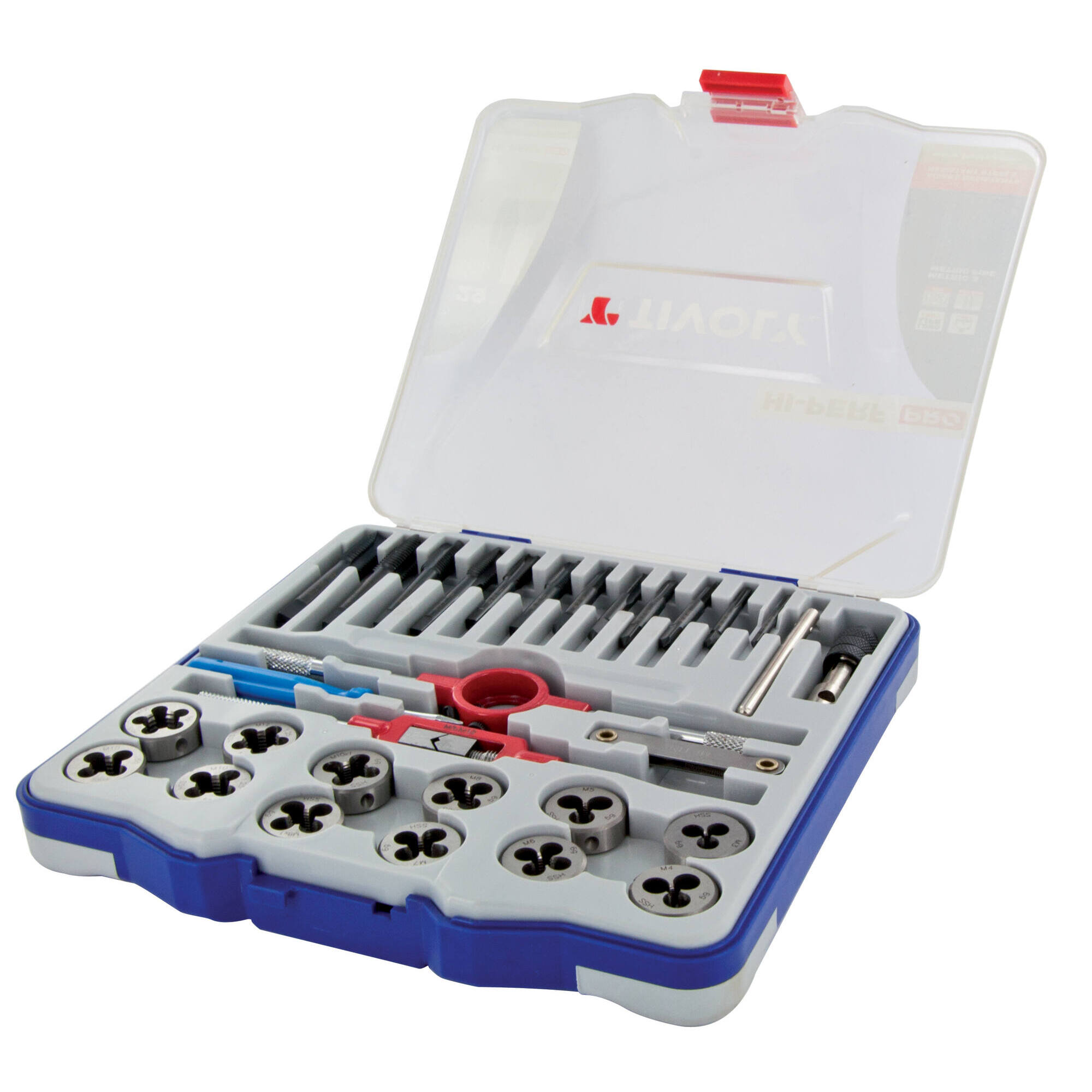 29 piezas - 12 machos de roscar HSS STEAM GUN DIN352 + 12 cojinetes HSS Ø 25,4 M3 a M12 + 2 portamachos + 1 portacojinetes + accesorios