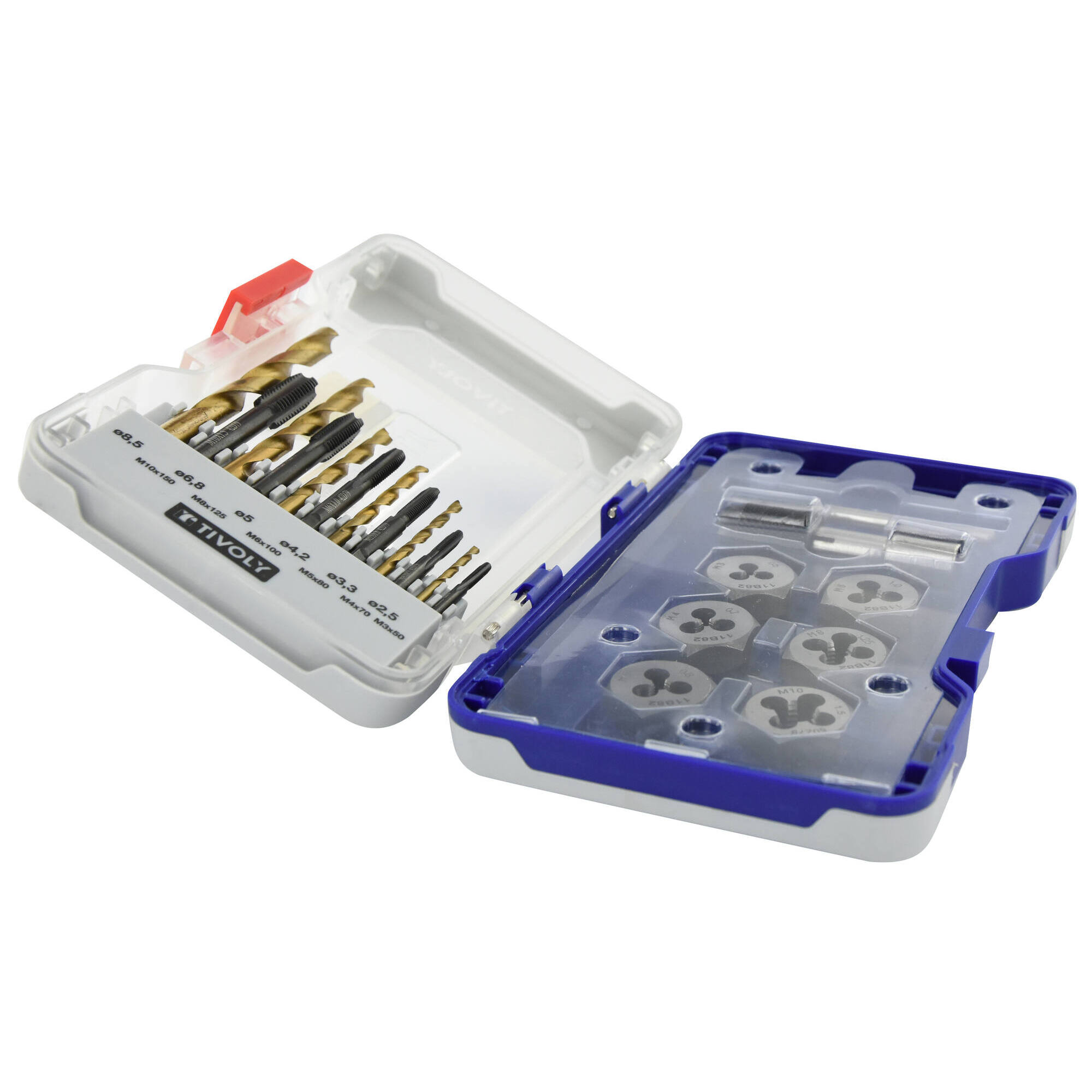 19 piezas - 6 machos de roscar DIN 352 + 6 cojinetes hexagonales M3 a M10 + 1 portamachos + 6 brocas HSS rectificadas con recubrimiento TiN