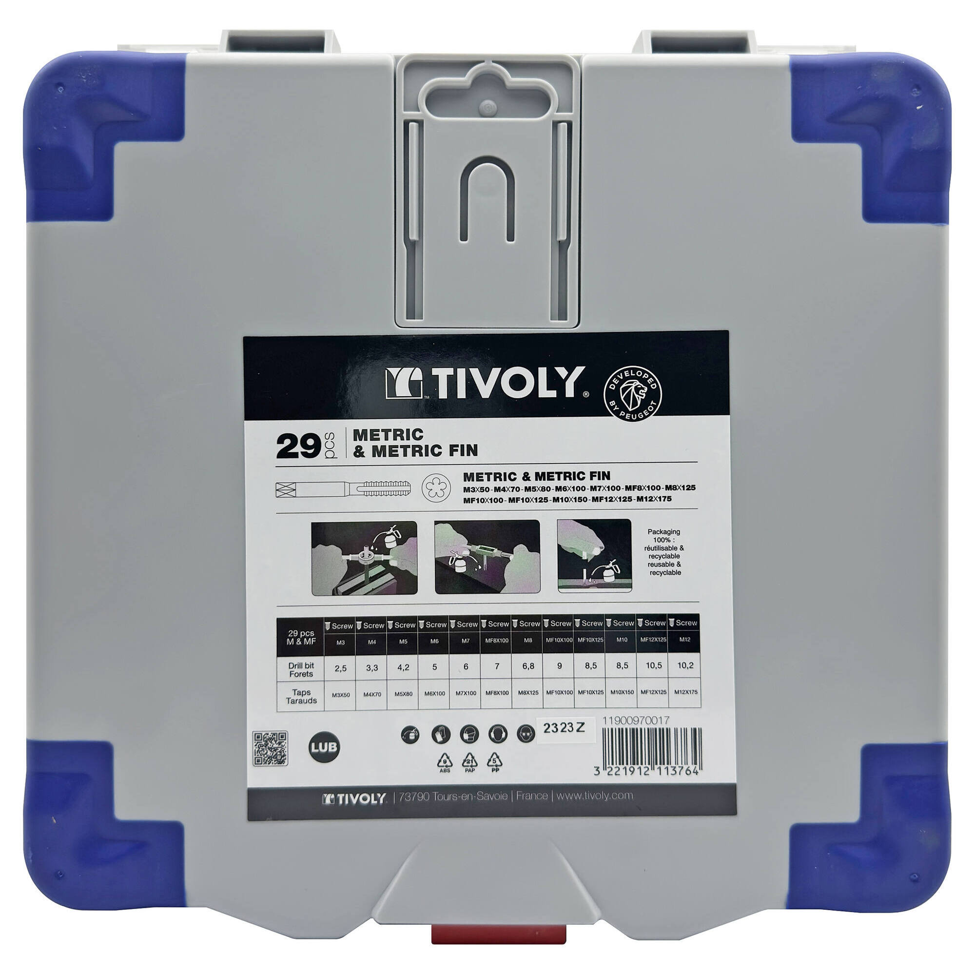 29 piezas - 12 machos de roscar + 12 cojinetes M3 a M12 + 2 portamachos + 1 portacojinetes 25,4 + accesorios