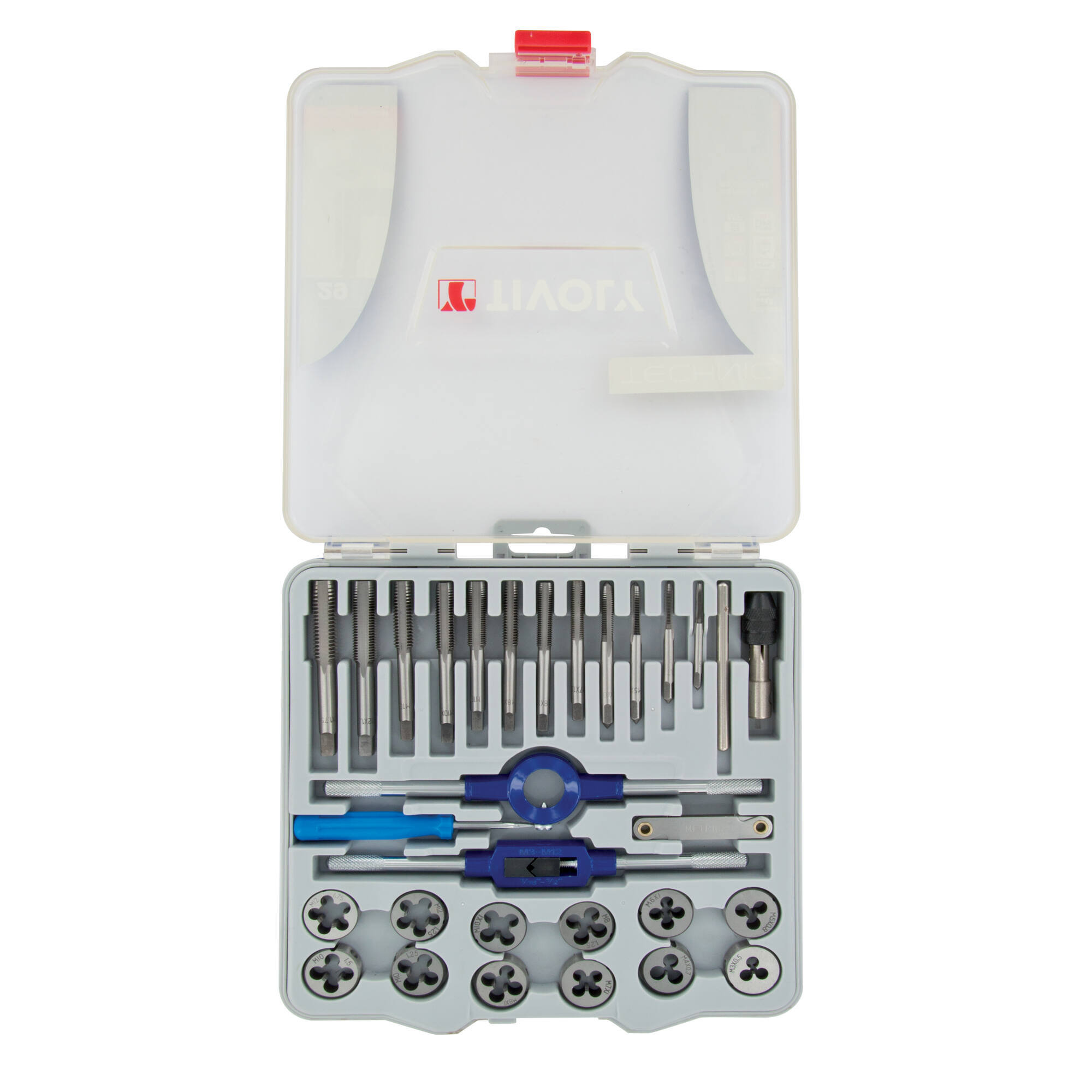 29 piezas - 12 machos de roscar + 12 cojinetes M3 a M12 + 2 portamachos + 1 portacojinetes 25,4 + accesorios