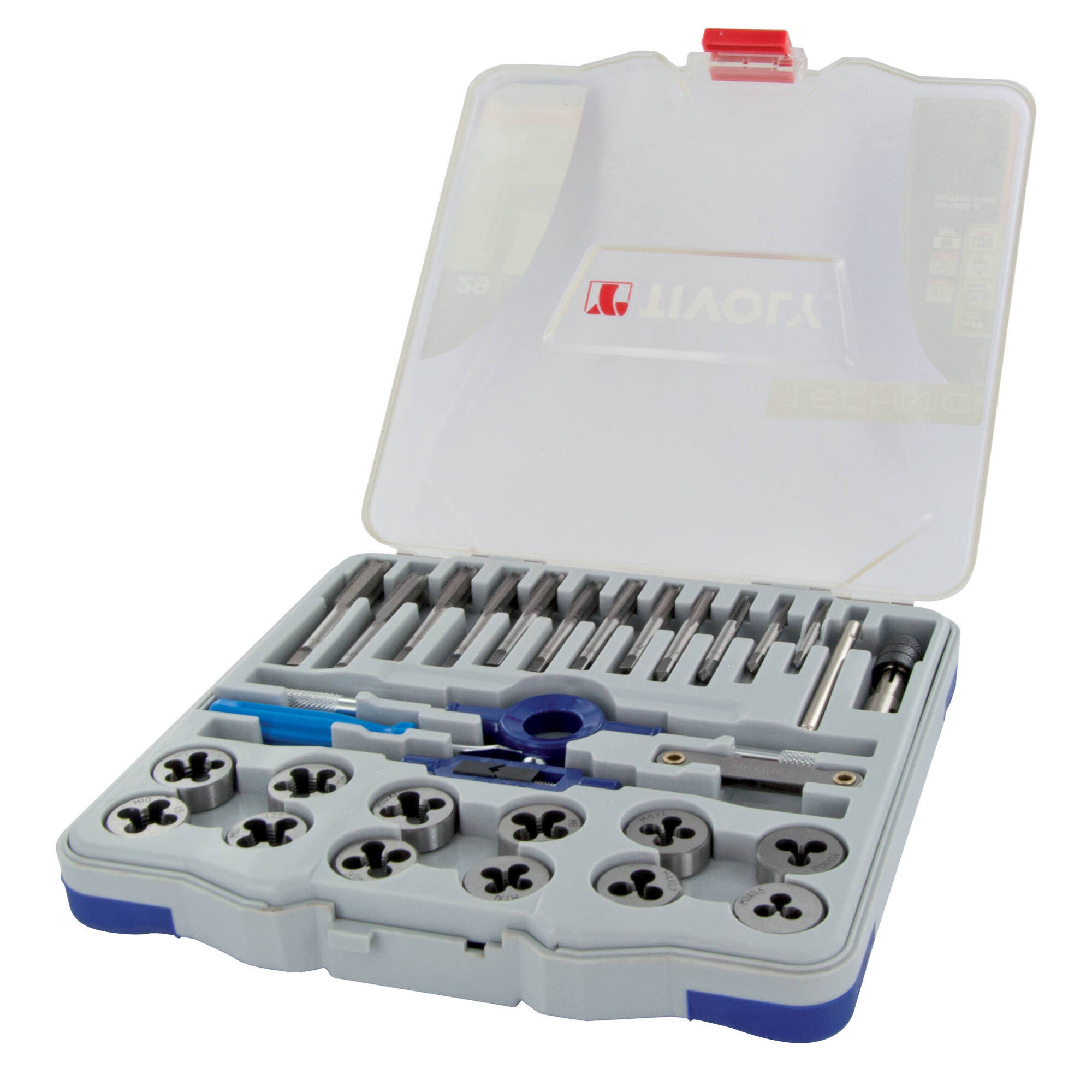 29 piezas - 12 machos de roscar + 12 cojinetes M3 a M12 + 2 portamachos + 1 portacojinetes 25,4 + accesorios