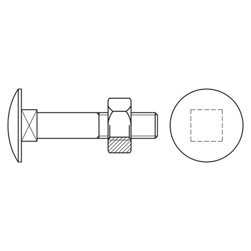 DIN 603-934 ZP ~ ISO 8677/4032, Tornillo carrocero de baja resistencia con cabeza redonda y cuello cuadrado que incorpora tuerca. Su acabado es zincado