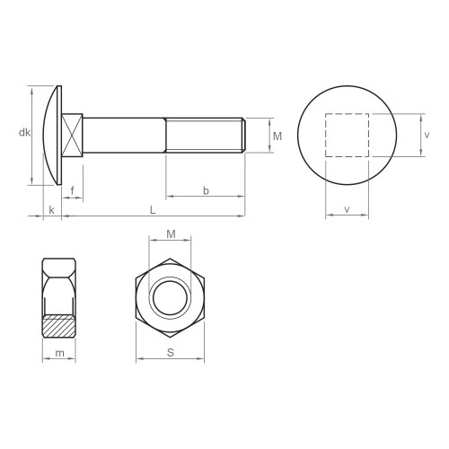 DIN 603-934 ZP ~ ISO 8677/4032, Tornillo carrocero de baja resistencia con cabeza redonda y cuello cuadrado que incorpora tuerca. Su acabado es zincado