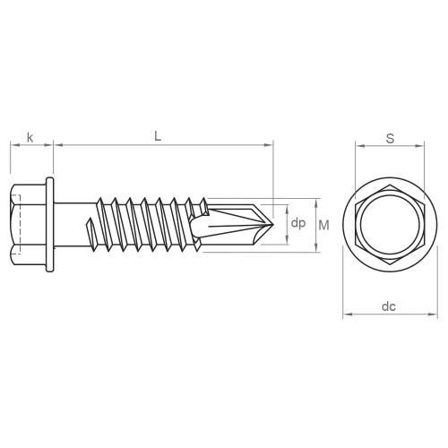 DIN 7504-K A2, Tornillo autotaladrante con punta broca, cabeza hexagonal y arandela estampada en acero inoxidable A2