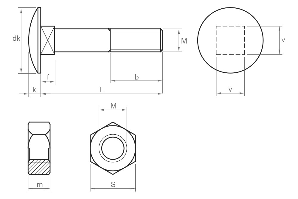 DIN 603-934 ZP ~ ISO 8677/4032, Tornillo carrocero de baja resistencia con cabeza redonda y cuello cuadrado que incorpora tuerca. Su acabado es zincado