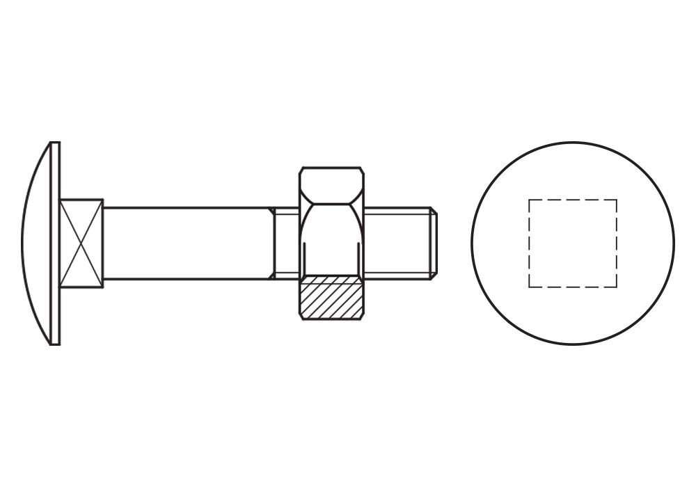 DIN 603-934 ZP ~ ISO 8677/4032, Tornillo carrocero de baja resistencia con cabeza redonda y cuello cuadrado que incorpora tuerca. Su acabado es zincado