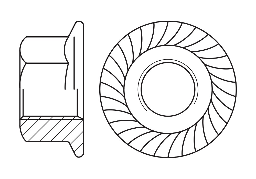 DIN 6923 ZP BU, Tuerca brida grafilada con balona a granel en acabado zincado