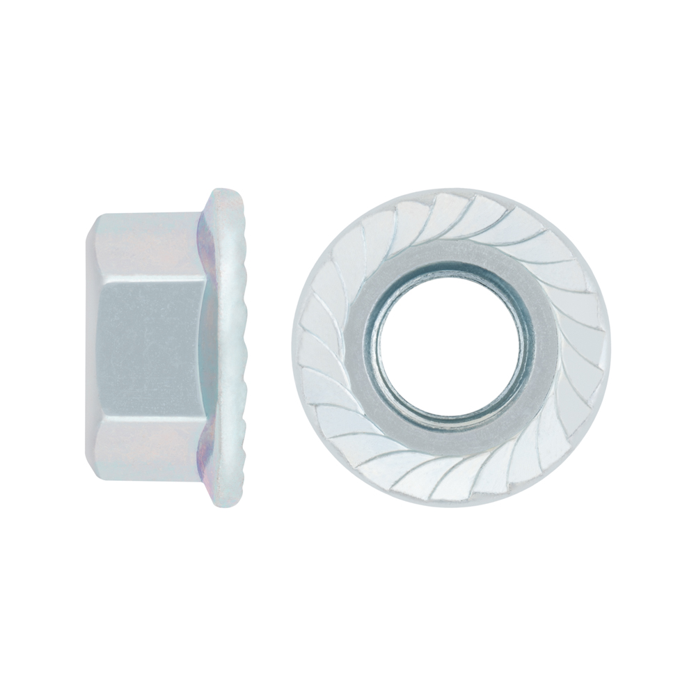 DIN 6923 ZP BU, Tuerca brida grafilada con balona a granel en acabado zincado