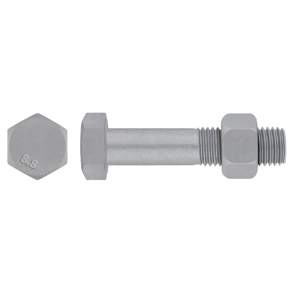 EN 15048 8.8 HDG - SET 4014+4032, (ISO 4014 + ISO 4032) Set de tornillería estructural de alta resistencia para uniones sin precarga con marcado CE, acabado galvanizado en caliente y calidad 8.8