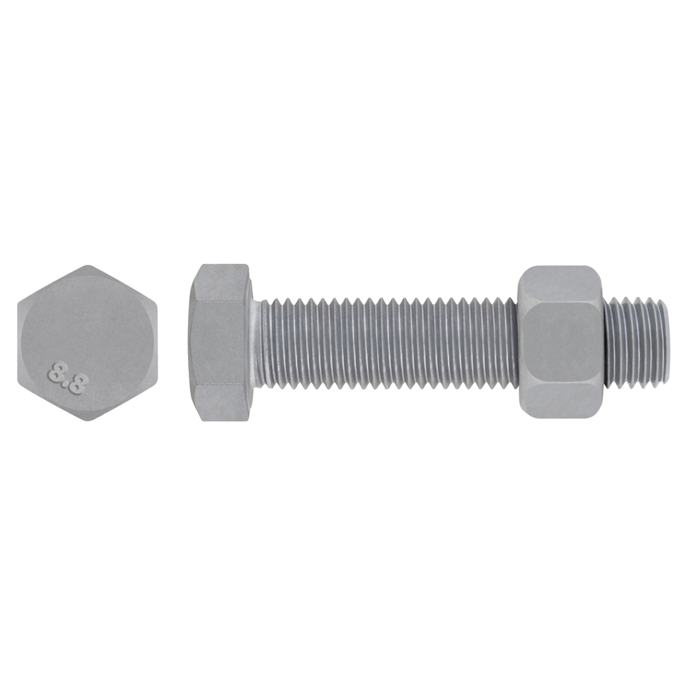 EN 15048 8.8 HDG - SET 4017+4032, (ISO 4017 + ISO 4032) Set de tornillería estructural de alta resistencia para uniones sin precarga con marcado CE, acabado galvanizado en caliente y calidad 8.8