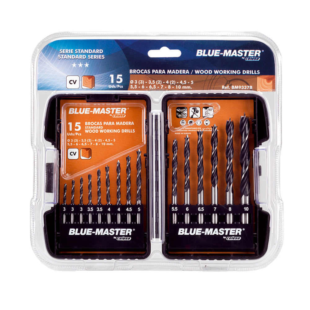 BM9337B | ESTUCHE PLÁSTICO BLUE-MASTER  BROCAS MADERA 15 PIEZAS BLISTER