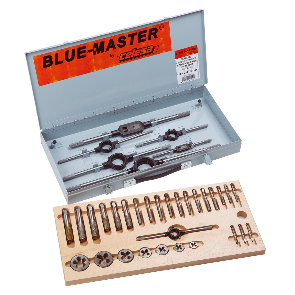 D642-1 | CONJUNTO BLUE-MASTER MACHOS Y COJINETES HSS 1/4 - 3/4 BSW
