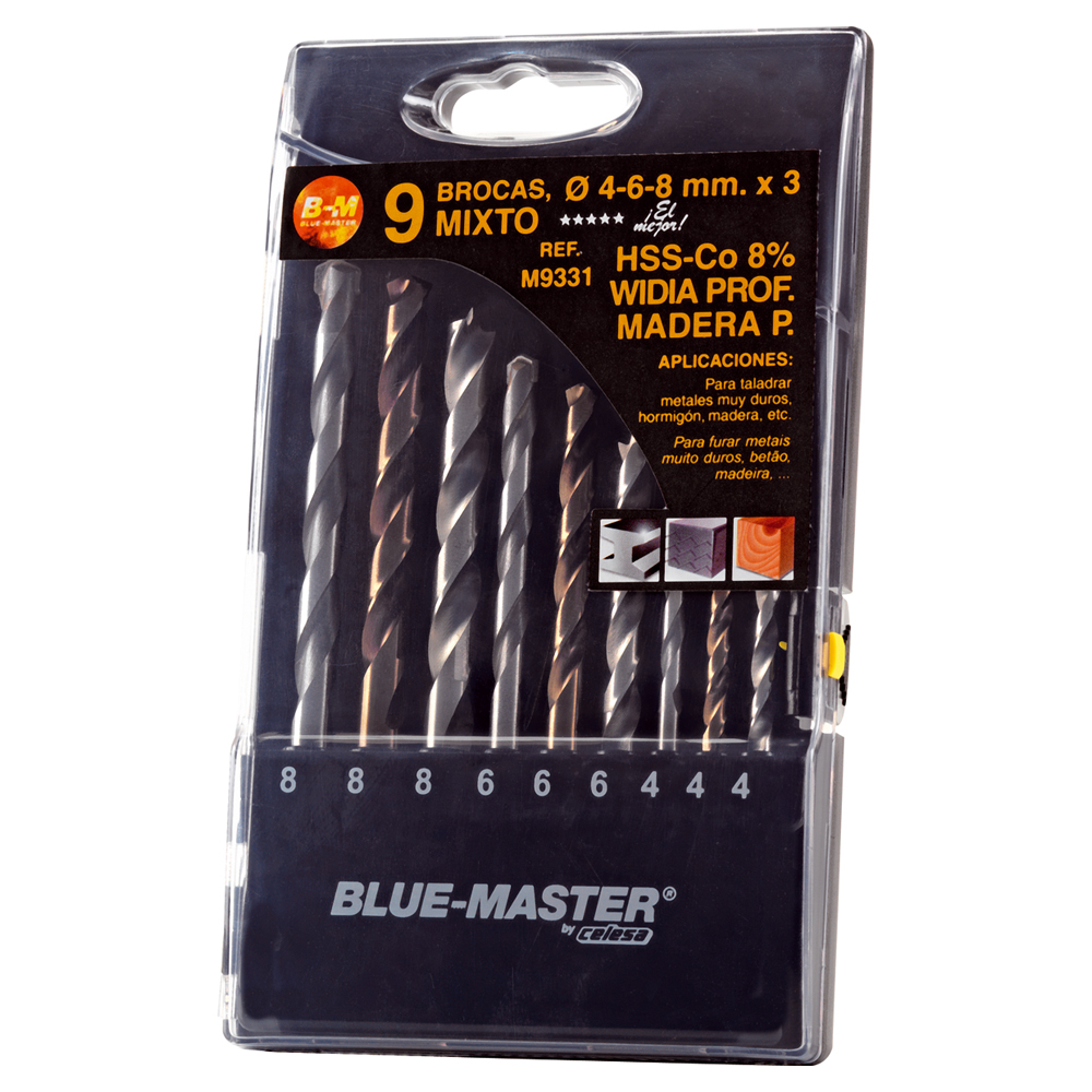 M9331 | ESTUCHE BLUE-MASTER COMBINADO BROCA HSS-CO+WIDIA+MADERA Ø 4-6-8x3