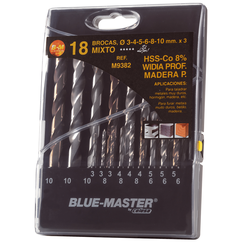 M9382 | ESTUCHE BLUE-MASTER COMBINADO BROCA HSS-CO+WID.+MAD. Ø 3-4-5-6-8-10x3
