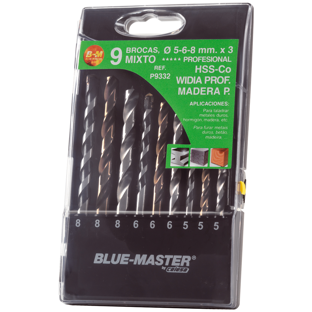 P9332 | ESTUCHE BLUE-MASTER COMBINADO BROCA HSS-CO+WIDIA+MADERA Ø 5-6-8x3