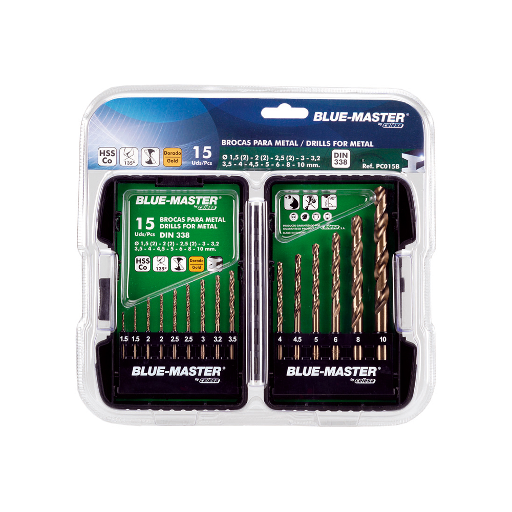 P0015B | ESTUCHE PLÁSTICO BLUE-MASTER  BROCAS HSS BC2 15 PIEZAS BLISTER