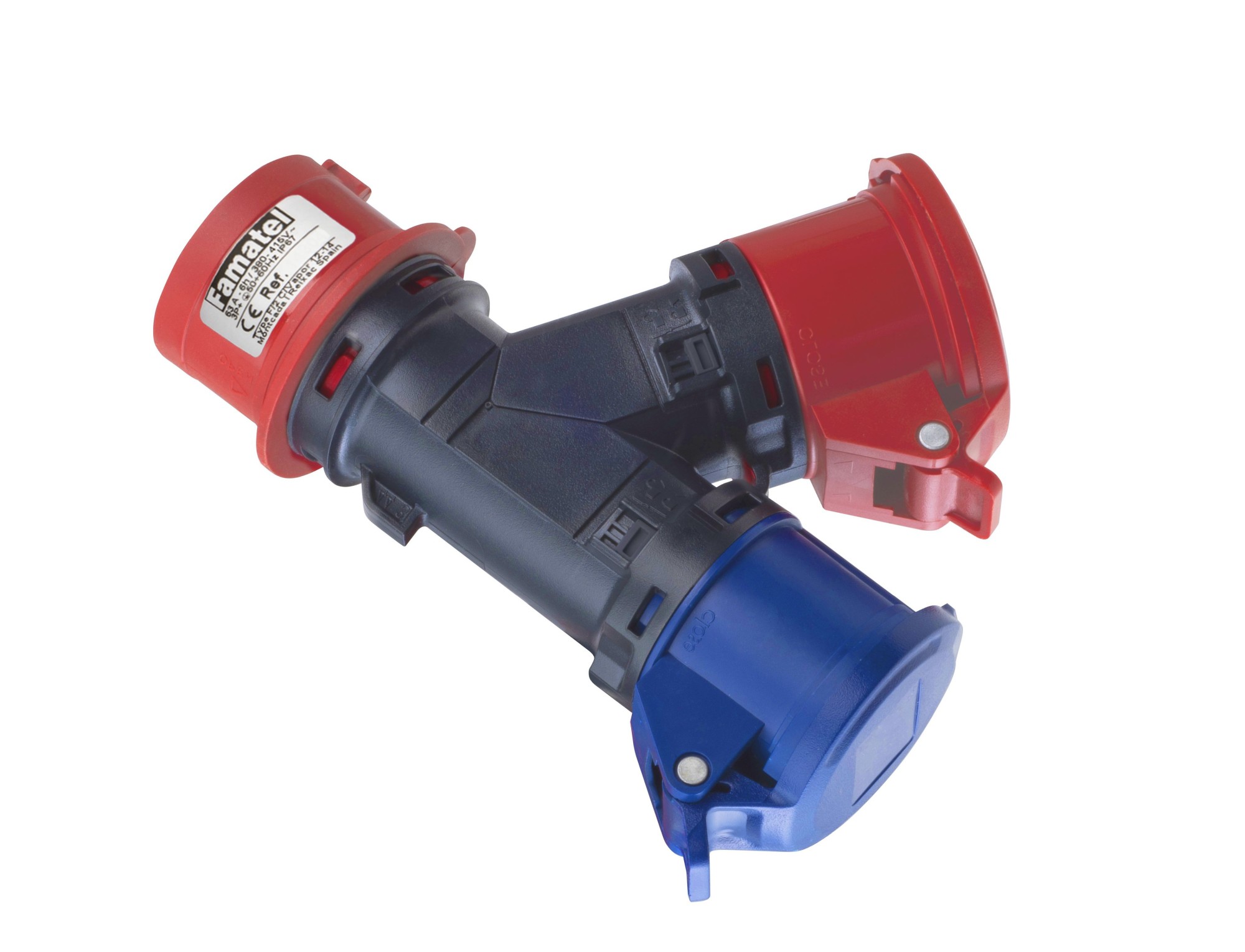 15003 | Entrada: clavija 3P+N+T 16A 400V; Salida: 1 toma 3P+T 16A + 1 toma 2P+T 16A IP54