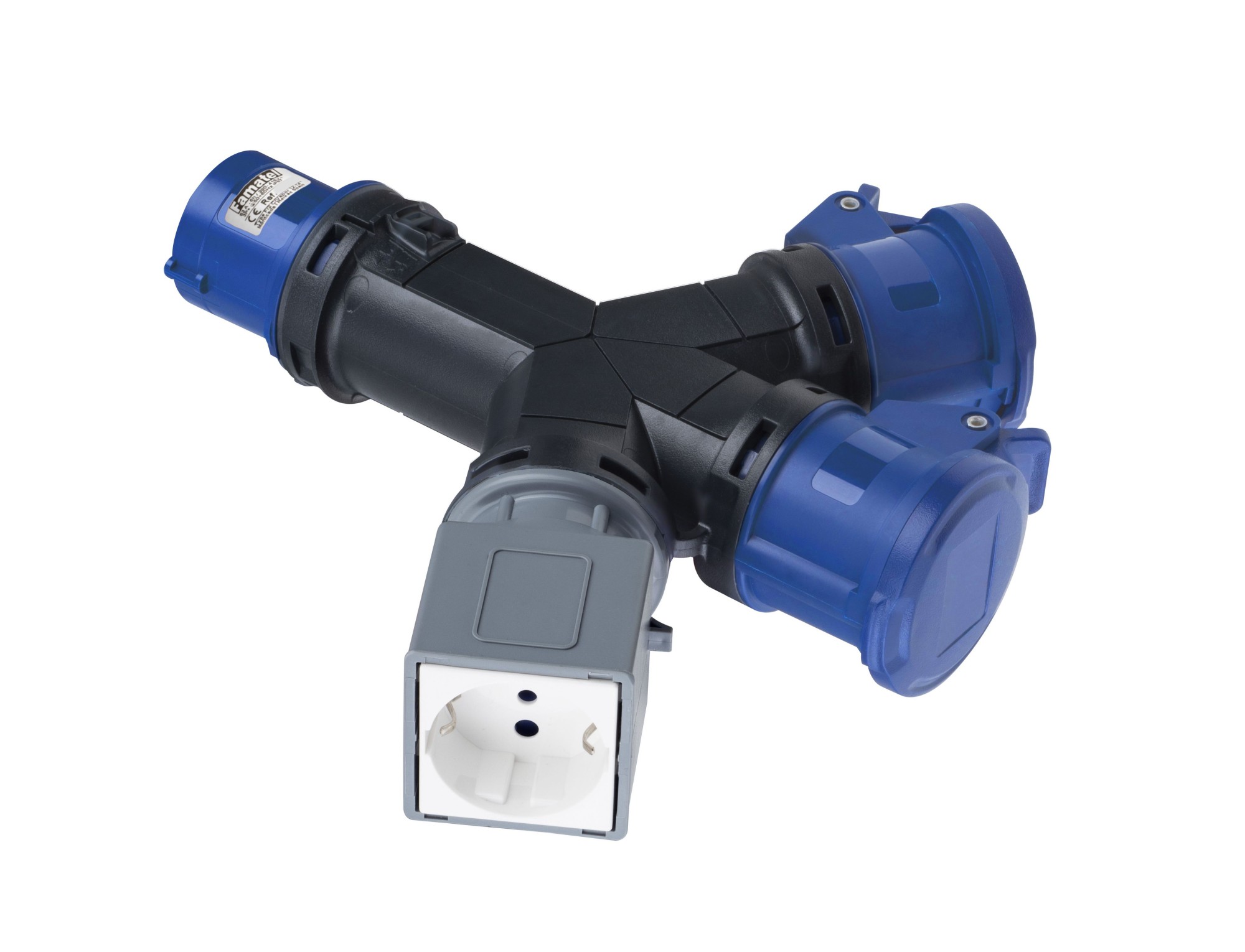 16010 | Adaptador clavija industrial 2P+T / 2 bases industrial 2P+T + 1 base schuko IP20