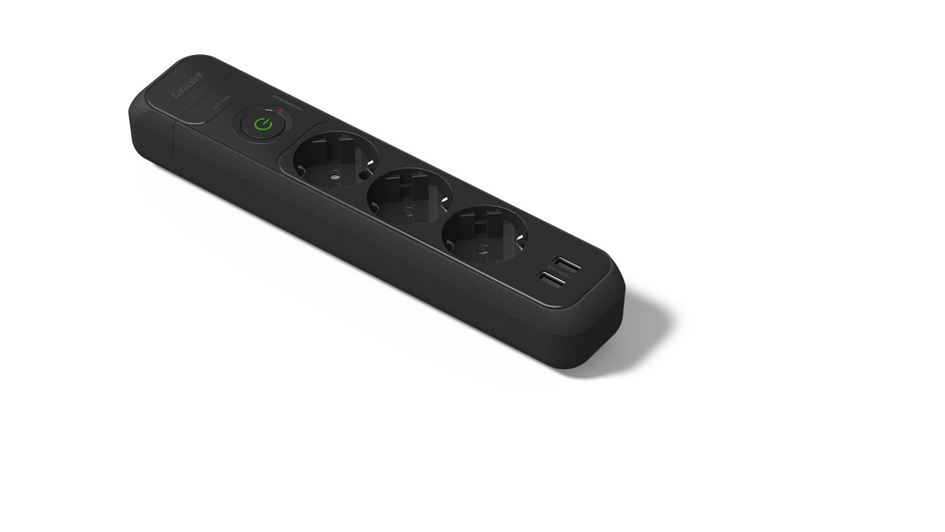 2533-N | Base 3 tomas 16A con toma de tierra, interruptor y 2 puertos USB