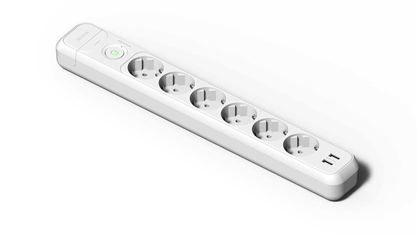 2536 | Base 6 tomas 16A con toma de tierra, interruptor y 2 puertos USB