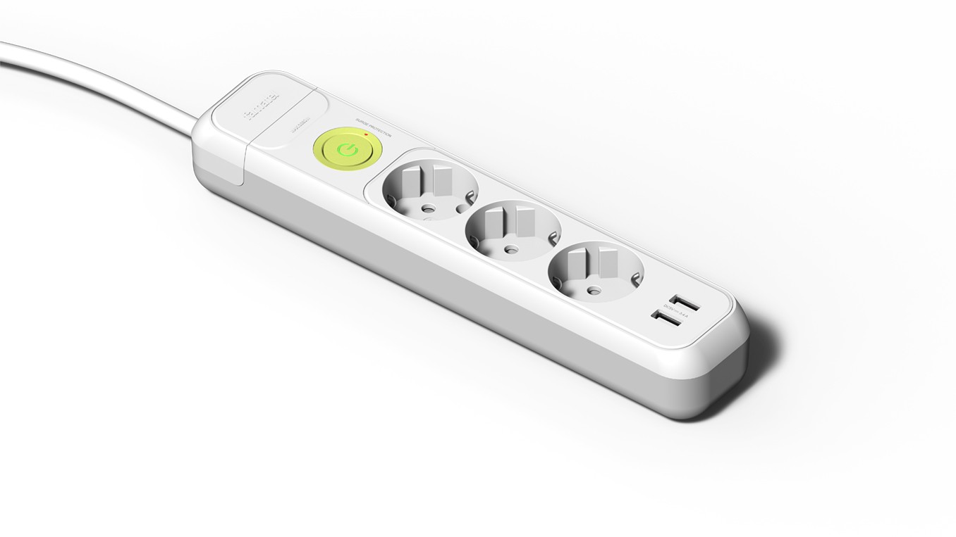 2633 | Base 3 tomas 16A con toma de tierra, interruptor, 2 puertos USB y 1.5m de cable