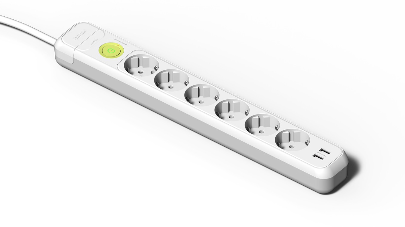 2636 | Base 6 tomas 16A con toma de tierra, interruptor, 2 puertos USB y 1.5m de cable