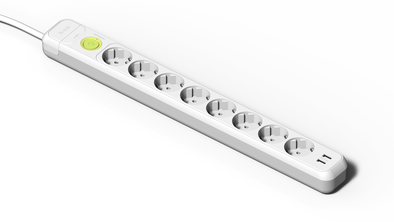 2639 | Base 8 tomas 16A con toma de tierra, interruptor, 2 puertos USB y 1.5m de cable
