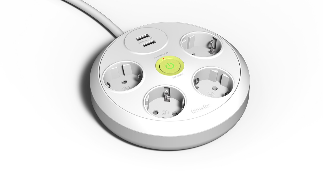 2644 | Base redonda 4 tomas 16A con toma de tierra, interruptor, 2 puertos USB y 1.5m de cable