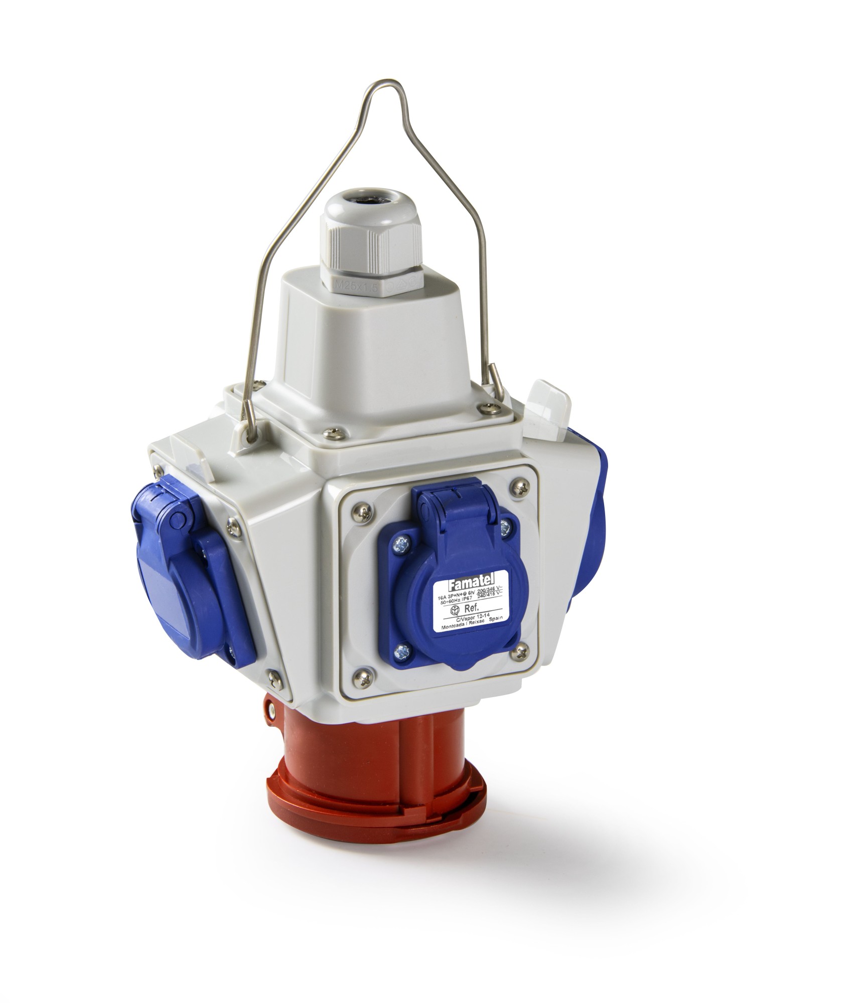 27002 | Caja suspensión COMBO con 4 tomas schuko 16A + 1 toma industrial 3P 16A IP54