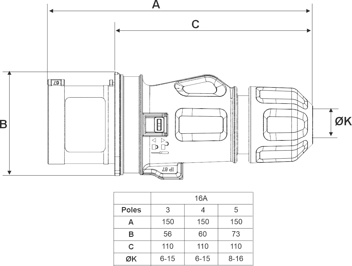 13200CR | Clavija móvil 2P+T 16A Conexión Rapida IP44/54
