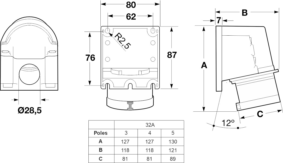 13199 | Clavija superficie inclinada 2P+T 32A IP44