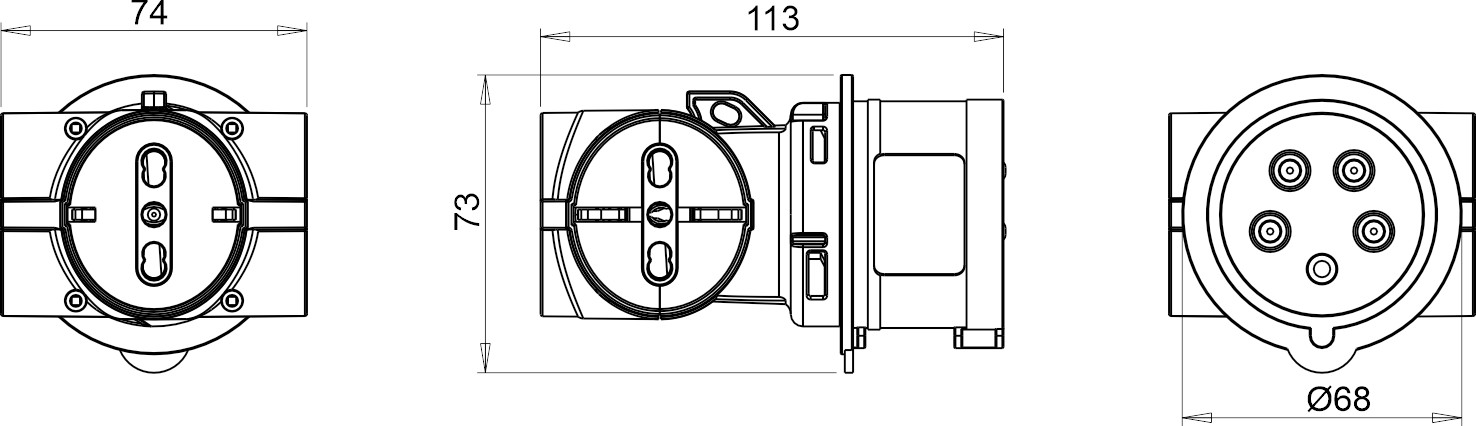 13918 | Adaptador clavija industrial 3P+N+T 16A / 3 tomas 2P+T 10/16A Bipasso IP20