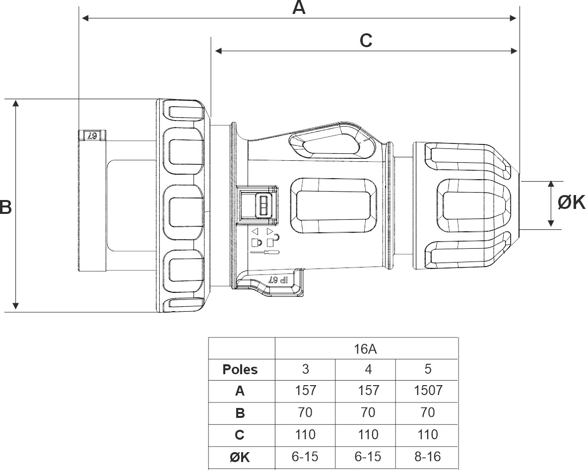 14300CR | Clavija móvil 3P+T 16A Conexión Rapida IP66/67