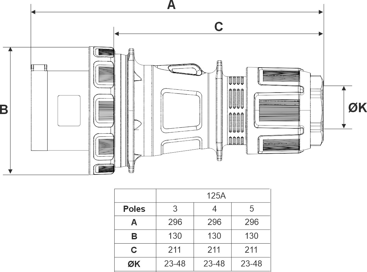 14312 | Clavija móvil 2P+T 125A IP66/67