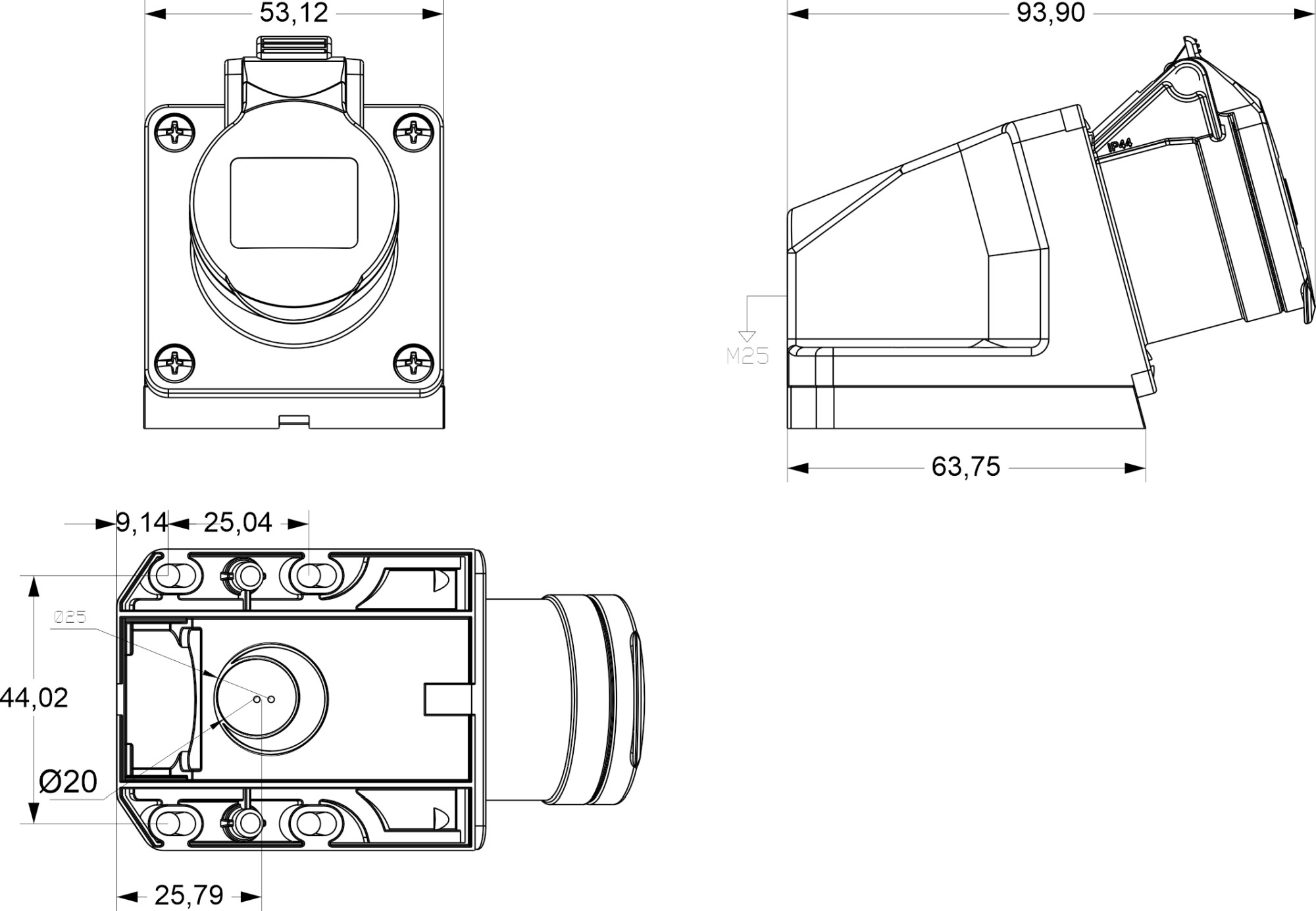 23075 | Base superficie 2P 16A 40-50V IP44