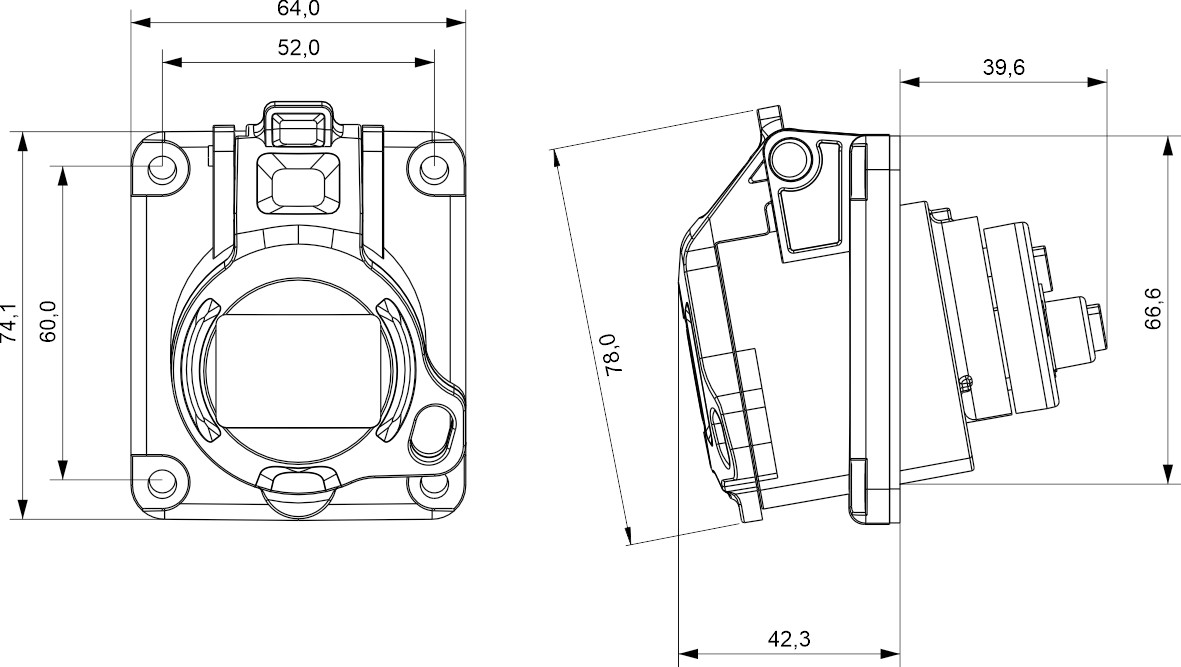 23238L | Base inclinada 16A 2P+T 230V bloq. IP44-54 placa 64x74