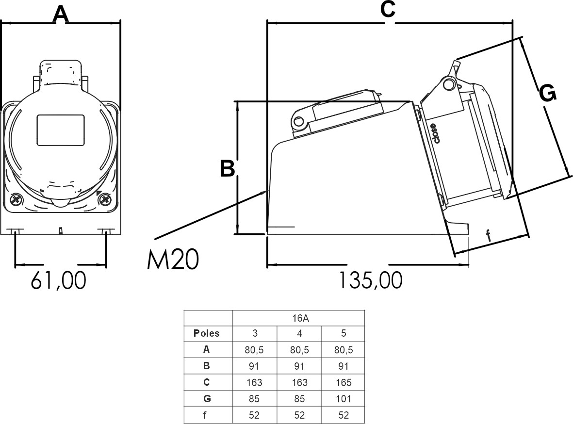 23602 | Base superficie 3P+T 16A + base schuko IP44/54