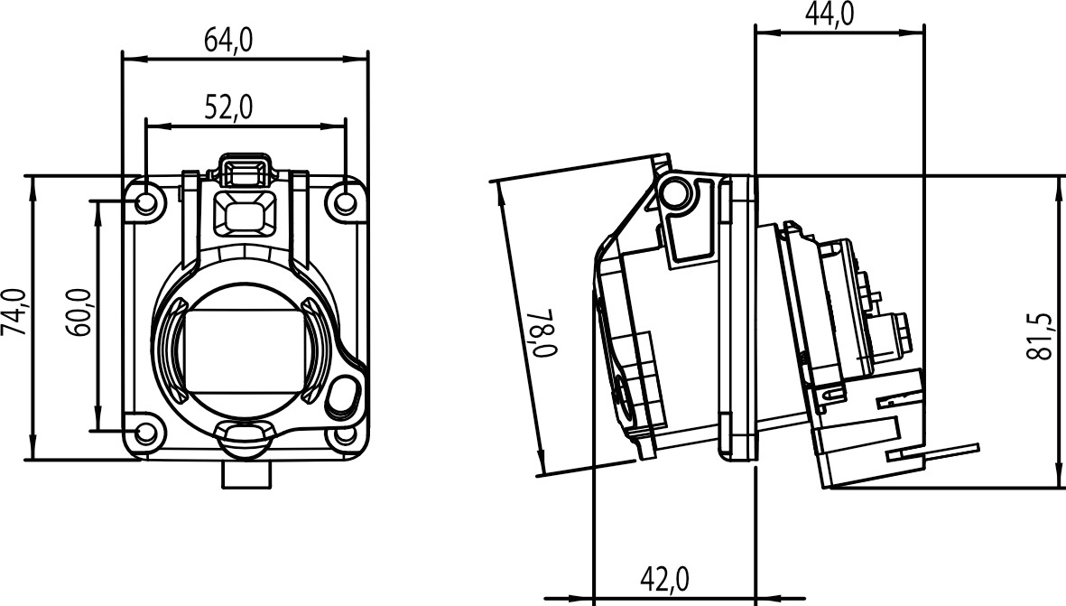 23M238L | Base inclinada 16A 2P+T 230V MSW ON/OFF bloq.IP44-54 placa64x74