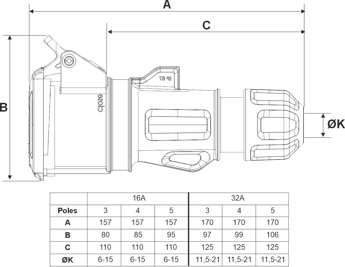 24410 | Base móvil 2P+T 16A IP66/67