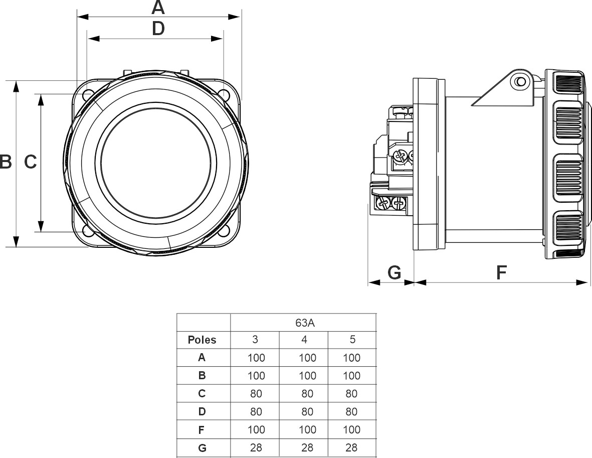 24180 | Base empotrar salida recta 2P+T 63A IP67