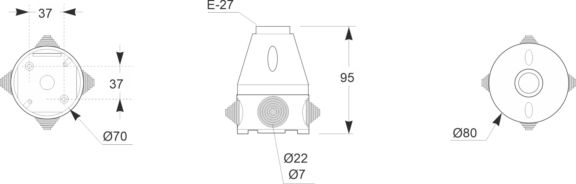 3005 | Portalámparas zócalo orientable E-27 con caja estanca 4 conos IP20