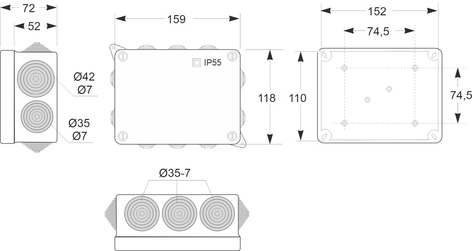 3012 | Caja estanca 10 conos IP55 152x110x63